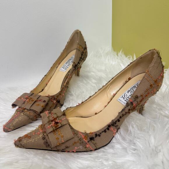 Pancaldi for Diane B Tweed Pump Heels Bow Detail Brown Pink Italy Womens Sz 40 - Picture 1 of 12